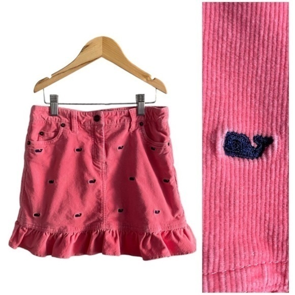 Vineyard Vines Pink Corduroy Blue Whale Embroidered Ruffle Hem Skirt - Picture 1 of 10